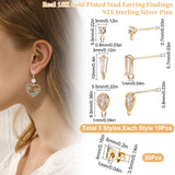 30Pcs 3 Style Brass Micro Pave Clear Cubic Zirconia Stud Earring Findings, with Loops and 30Pcs Ear Nuts, Teardrop & Flat Round & Trapezoid, Golden, 5.5~10x3~5.5mm, Hole: 0.8~1mm, Pin: 0.7~0.8mm, 10Pcs/style