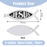 12Pcs 3 Styles Acrylic Jesus Fish Waterproof Car Stickers, Self-Adhesive Decals, for Vehicle Decoration, Silver, 16x49.5x6mm, 4pcs/style