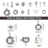 60Pcs 15 Style Alloy Pendants, Mix-shaped, Antique Silver, 4pcs/style