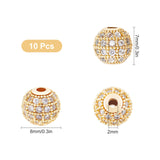 10Pcs Rack Plating Brass Cubic Zirconia Beads, Long-Lasting Plated, Round, Golden, 8x7mm, Hole: 2mm