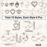 90Pcs 15 Style Tibetan Style Alloy Pendants, Heart, Antique Silver, 12~24x9~27x1.5~3mm, Hole: 1.5~2.5mm, 6pcs/style