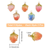 Handmade Dried Flower Pendants, Covered with Clear Epoxy Resin, with Brass Peg Bails and Glass Micro Beads, Bud, Golden, Mixed Color, 14~15x9~10x9~10mm, Hole: 1.2mm, 10pcs/box