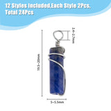 24Pcs 12 Style Natural Gemstone Pendants, with Eco-Friendly Brass Wire Wrapped, Column, 19.5~20x5~5.5mm, Hole: 2.4~2.7mm, 2pcs/style
