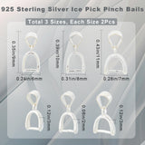 6Pcs 3 Size 925 Sterling Silver Ice Pick Pinch Bails, Silver, 9~11x6~8x2~3mm, Hole: 3~5x3~3.5mm, Pin: 0.7~0.8mm, 2Pcs/size