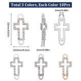 30Pcs 3 Colors Alloy Crystal Rhinestone Connector Charms, Religion Hollow Cross Links, Mixed Color, 22x10.5x2mm, Hole: 2mm, 10pcs/color