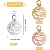 30Pcs 3 Colors 304 304 Stainless Steel Pendants, Flat Round with Aum/Om Symbol, Mixed Color, 14x12x1.1mm, Hole: 3mm, 10pcs/color