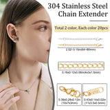 40Pcs 2 Colors 304 Stainless Steel Chain Extender, Chain Tabs with Word K14, Lobster Claw Clasps, Golden & Stainless Steel Color, 64~80mm, Hole: 3.4mm, 20Pcs/color