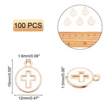 Light Gold Plated Alloy Enamel Pendants, Flat Round with Cross, White, 15x12x1.5mm, Hole: 1.6mm, 100pcs/box