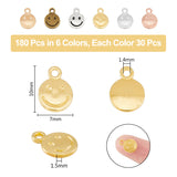 180Pcs 6 Colors Alloy Charms, Flat Round with Smiling Face Charm, Mixed Color, 10x7x1.5mm, Hole: 1.4mm, 30pcs/color