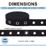 6.25 Yards Flat Cotton Ribbon, with Silver Color Plated Alloy Eyelets, Garment Accessories, with Metallic Wire Twist Ties, Black, 1 inch(25mm)