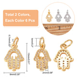 12Pcs 2 Colors Brass Micro Pave Clear Cubic Zirconia Charms, with Jump Rings, Hamsa Hand, Mixed Color, 13x9x2mm, Jump Ring: 5x0.7mm, Inner Diameter: 3.6mm, 6pcs/color