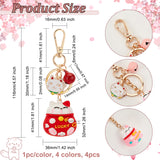 4Pcs 4 Colors Alloy Enamel Keychains, with Iron Findings and PVC Lucky Cat, Cat & Bell, Mixed Color, 11.6cm, 1pc/color