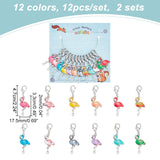 Flamingo Stitch Markers, Alloy Enamel Crochet Lobster Clasp Charms, Locking Stitch Marker with Wine Glass Charm Ring, Mixed Color, 4.7cm, 12 colors, 1pc/color, 12pcs/set