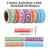 250Pcs 5 Colors Paper Coded Home Moving Labels Roll, Including Fragile Label, Living Romm, Kitchen, Bathroom, Bedroom, for Moving Boxes, Moving Supplies, Rectangle, Mixed Color, 114x25x0.2mm, 50pcs/color, 250pcs/set