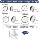 160Pcs 4 Size 304 Stainless Steel Stud Earrings Findings, Earring Settings, Flat Round, with 160Pcs Plastic Ear Nuts, Stainless Steel Color, Tray: 6~12mm, 8~14mm, Pin: 0.7~1mm, 40Pcs/size