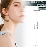 100Pcs Brass Eye Pins, Real 18K Gold Plated, 51x3x0.7mm, 21 Gauge, Hole: 1.5mm