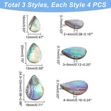 12Pcs 3 Styles Natural Abalone Shell/Paua Shell Beads, Top Drilled, Teardrop, 16~25x12~18x2~6mm, Hole: 0.7mm, 4pcs/style