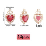 10Pcs Glass Pendants, with Micro Pave Cubic Zirconia and Brass Open Back Settings, Faceted, Heart with Crown, Light Gold, Camellia, 17.5x11.5x5.5mm, Hole: 1.4mm