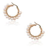 304 Stainless Steel Hoop Earrings, with Natural Pearls, Ring, Golden, 34.5x36x7mm, Pin: 0.7x1mm, 2pairs/box