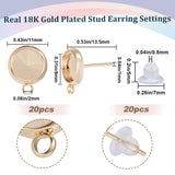 20Pcs Brass Flat Round Stud Earring Settings, with Horizontal Loop, Nickel Free, with 20Pcs Plastic Ear Nuts, Real 18K Gold Plated, Tray: 8mm, 13.5x11mm, Hole: 2mm