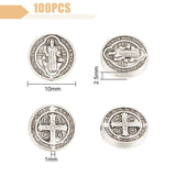 100Pcs Tibetan Style Alloy Flat Round Beads, with Jesus and Latin Cross, For Easter, Lead Free & Cadmium Free, Antique Silver, 10x2.5mm, Hole: 1mm
