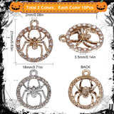 20Pcs 2 Colors Alloy Rhinestone Pendants, Flat Round with Spider Charm, Platinum & Light Gold, 21x18x3.5mm, Hole: 2mm, 10pcs/color