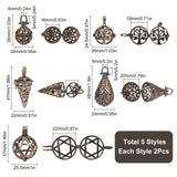 10Pcs 5 Styles Brass Hollow Cage Pendants, For Chime Ball Pendant Necklaces Making, Round & Teardrop & Cone, Antique Bronze, 24.5~47x22~26x20~24mm, Hole: 4~7x4~8mm, 2pcs/style