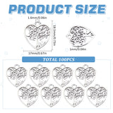 100Pcs Alloy Pendants, Heart with Tree Pattern Charm, Antique Silver, 18.5x17x1mm, Hole: 1.6mm