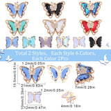 24Pcs 12 Styles Brass with Glass Pendants, with Crystal Rhinestone, Butterfly Charms, Mixed Color, 10~15.5x12~21x4~7mm, Hole: 1.2mm, 2pcs/style