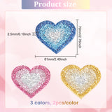 6Pcs 3 Colors Heart Hotfix Rhinestone, Costume Accessories, Sewing Craft Decoration, Mixed Color, 61x70x2.5mm, 2pcs/color