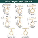 8Pcs 8 Styles Brass Toggle Clasps, Ring & Oval, Mixed Shapes, Real 18K Gold Plated, Ring: 18.5x13x2mm, Hole: 1mm, Bar: 22x5x3mm, Hole: 1mm, 1pc/style