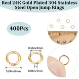 400Pcs 304 Stainless Steel Open Jump Rings, Round Ring, Real 24K Gold Plated, 18 Gauge, 6x1mm, Inner Diameter: 4mm