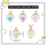 50Pcs 5 Colors Luminous Glass Pendants, with Golden Plastic Pendant Bails, Heart, Mixed Color, 20x15x9mm, Hole: 2mm