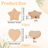 30Pcs 2 Styles Wood Beads, Undyed, Star & Heart Shape, Beige, 25.5x25x8mm and 28.5x29.5x8mm, Hole: 3mm, 15pcs/style