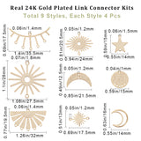 36Pcs 9 Styles Brass Connector Charms, Long-Lasting Plated, Cadmium Free & Lead Free, Mixed Shapes, Real 24K Gold Plated, 13~27.5x14~28x0.5~0.7mm, Hole: 1.2~1.8mm, 4pcs/style