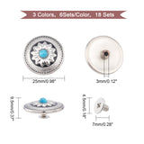 18 Set 3 Colors Alloy & Turquoise Craft Solid Screw Rivet, with Iron Findings, Flat Round with Flower Pattern, for DIY Luggage and Hardware Accessaries, Mixed Color, 6 sets/color