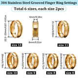 12Pcs 6 Size 304 Stainless Steel Grooved Finger Ring Settings, Ring Core Blank, for Inlay Ring Jewelry Making, Golden, US Size 6 1/2~13(16.9~22.2mm), 2Pcs/size