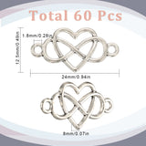 60Pcs Tibetan Style Alloy Connector Charms, Lead Free & Cadmium Free, for Valentine's Day, Heart with Infinity Links, Antique Silver, 12.5x24x2mm, Hole: 1.8mm