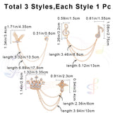3Pcs 3 Style Crown & Eagle & Music Note Crystal Rhinestone Hanging Chain Brooches, Alloy Lapel Pins for Career Suit Tuxedo of Shirts Tie Hat Scarf, Light Gold, 115~180mm, 1Pc/style