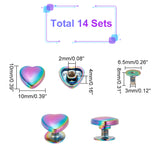 14 Sets Heart Shape Zinc Alloy Decoration Screwback Stud Rivets, for Belt Clothes Purse Handbag Leather Craft, DIY Handmade Accessories, Rainbow Color, 10x10x4mm, Hole: 2mm