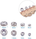 Brass Rhinestone Spacer Beads, Grade AAA, Straight Flange, Rondelle, Silver, Crystal, 4x2mm, Hole: 1mm, 6x3mm, Hole: 1mm, 8x3.8mm, Hole: 1.5mm, 10x4mm, Hole: 2mm, Plastic Box: 8x2cm