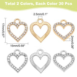 60Pcs 2 Colors Alloy Charms, with Rhinestone, Cadmium Free & Lead Free, Heart, Platinum & Light Gold, 17x15x2mm, Hole: 2.5mm, 30pcs/color