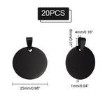 20Pcs 201 Stainless Steel Pendants, Blank Tag, Flat Round Charm, Electrophoresis Black, 25x1mm, Hole: 8x4mm