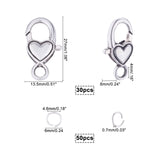 Tibetan Style Heart Alloy Lobster Claw Clasps, Lead Free & Cadmium Free & Nickel Free, with Iron Open Jump Rings, Antique Silver & Platinum, 80pcs/box