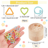 Alloy Knitting Stitch Marker Rings, Triangle/Heart/Spiral, with Wooden Stitch Marker Storage Boxes, Mixed Color, 12.5~15.5x13.5~15x1.5mm, Inner Diameter: 6~7mm, about 60pcs/box