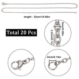 20Pcs 304 Stainless Steel Cable Chain Necklaces Set, Stainless Steel Color, 19.7 inch(50cm)