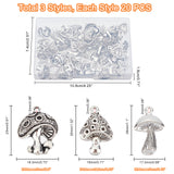 60Pcs 3 Style Zinc Alloy Pendants, Mushroom, Antique Silver, 23~28x17.5~18.5x3~5.5mm, Hole: 1.5~2mm, 20pcs/style