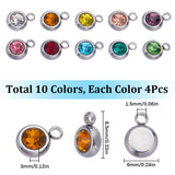 40pcs 10 color 201 Stainless Steel Rhinestone Charms, Birthstone Necklace Charms, Flat Round, Stainless Steel Color, Mixed Color, 8.5x6x3mm, Hole: 1.5mm, 4Pcs/color