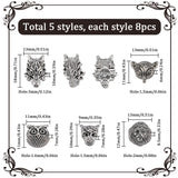 40Pcs 5 Style Tibetan Style Alloy Beads, Fox/Wolf/Lion/Leopard/Owl Head, Antique Silver, 11x11x7mm, Hole: 1.6mm, 8pcs/style