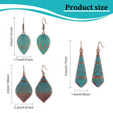 3 Pairs 3 Style Alloy Teardrop with Rhombus Dangle Earrings for Women, Red Copper & Green Patina, 46~50.5mm, Pin: 0.7mm, 1 Pair/style